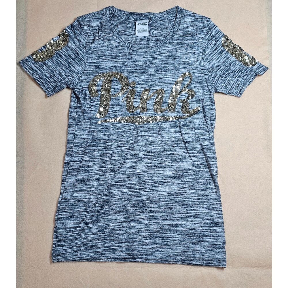 Victoria's Secret PINK Gray Space Dye Sequin Graphic Tee